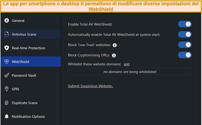 Screenshot delle impostazioni di WebShield sull'app desktop di TotalAV