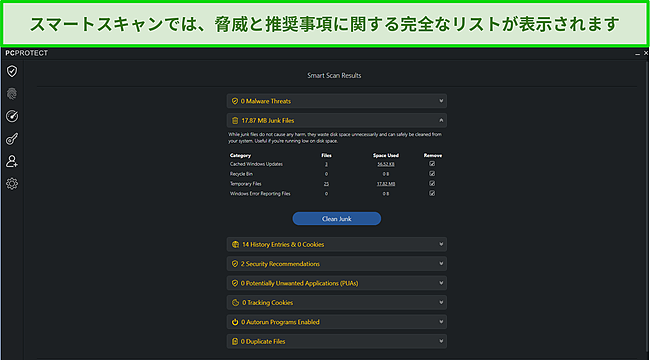 スマートスキャンを実行した後のPCProtectのスクリーンショット。検出された脅威または推奨事項のリストが表示されます。