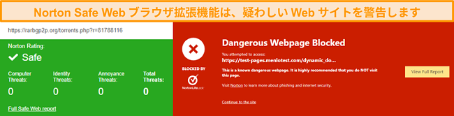 サイトが安全または危険であることを確認するNortonSafeWebのスクリーンショット。