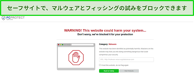 PCProtectのセーフサイトのスクリーンショットは、マルウェアの試みを正常にブロックしています。