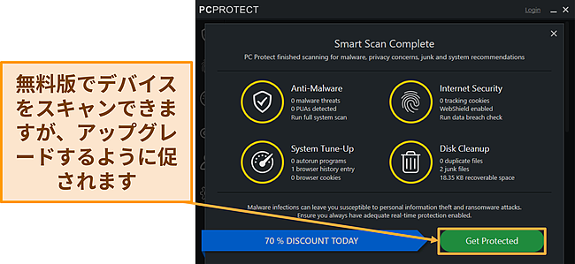 アップグレードを指示する前にスキャンを実行しているPCProtect無料バージョンのスクリーンショット。