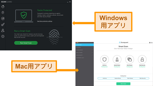 ScanguardのWindowsおよびMacインターフェイスのスクリーンショット。