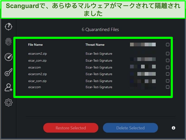 複数のマルウェアテストファイルを含むScanguardの検疫のスクリーンショット。