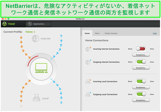 着信および発信ネットワークトラフィックを保護するIntegoNetBarrierユーザーインターフェイスのスクリーンショット