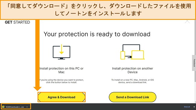 インストールファイルを強調表示した、ノートンの「同意してダウンロード」Web ページのスクリーンショット。