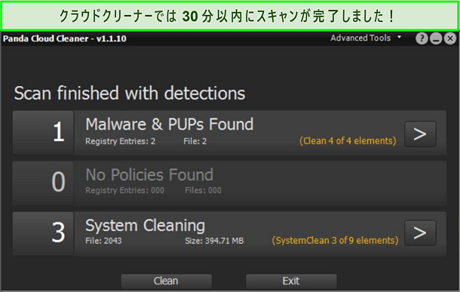 スキャンが完了したパンダのクラウドクリーナー機能のスクリーンショット