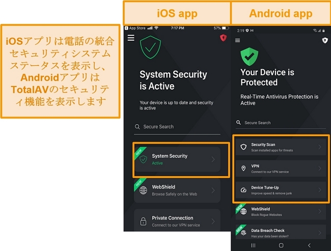 iOSとAndroidのTotalAVアプリの違いを示すスクリーンショット