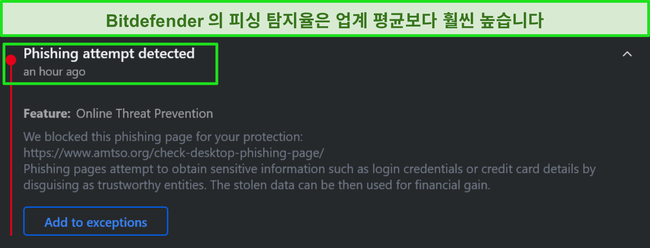 Bitdefender 데스크톱 피싱 경고.