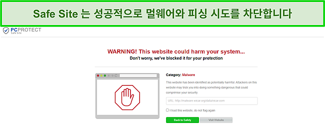 PC Protect의 Safe Site가 맬웨어 시도를 성공적으로 차단한 스크린샷.