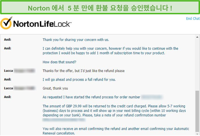 Norton의 라이브 채팅을 통해 환불을받는 스크린 샷.