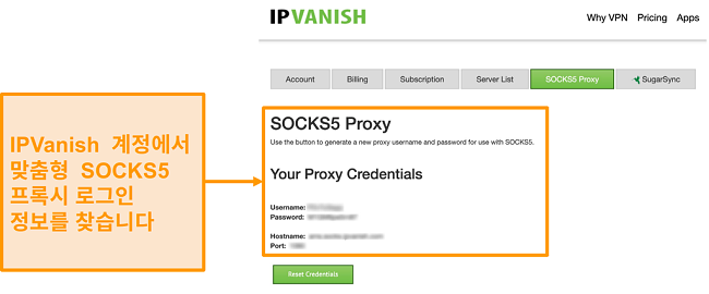 웹 사이트에서 IPVanish의 무료 SOCKS5 프록시 서버 자격 증명 스크린 샷