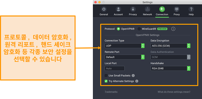 연결 탭의 사용자 정의 옵션을 표시하는 개인 인터넷 액세스 VPN 및 Mac 용 앱의 스크린 샷