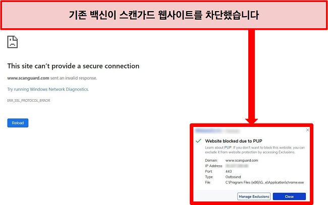 PUP로 인해 Scanguard의 웹 사이트를 차단하는 바이러스 백신 스크린샷.