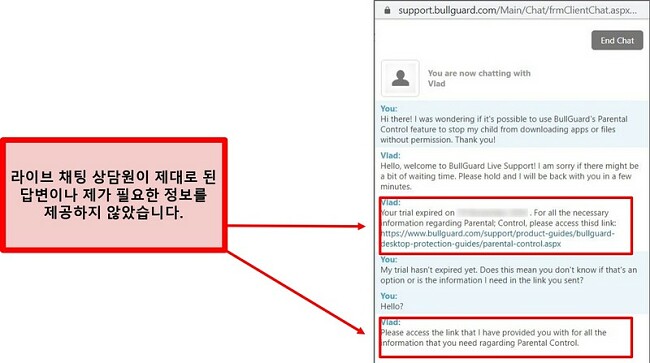 BullGuard의 라이브 채팅 지원 스크린 샷.