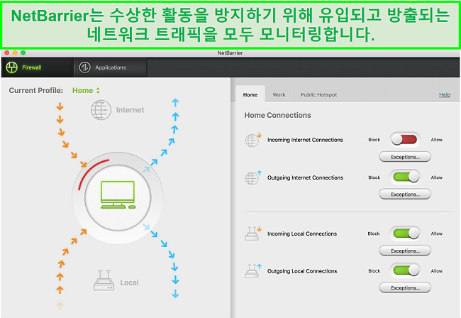 들어오고 나가는 네트워크 트래픽을 보호하는 Intego NetBarrier 사용자 인터페이스 스크린 샷