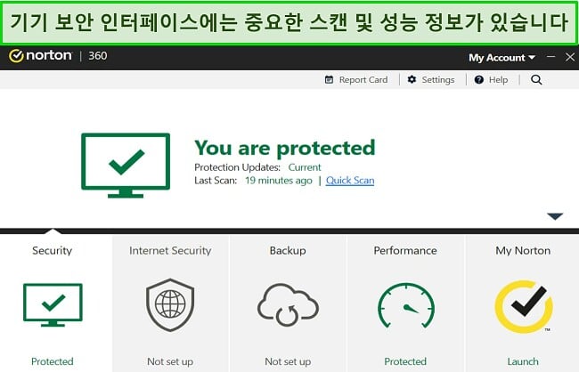 Norton의 Windows용 장치 보안 대시보드 스크린샷.