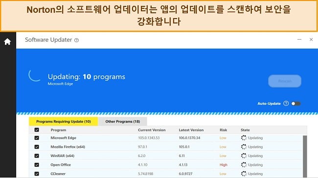 앱 취약성으로부터 보호하기 위해 10개 프로그램을 업데이트하는 Norton의 소프트웨어 업데이터 스크린샷.