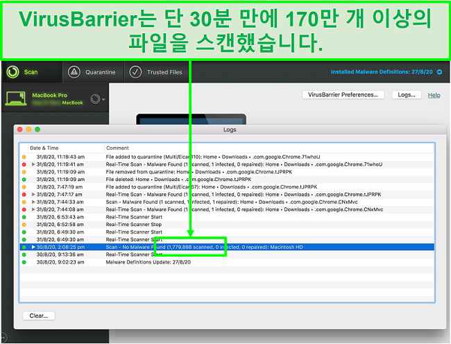 Intego 바이러스 검사 로그 스크린 샷으로 30 분 동안 170 만 개의 파일을 검사했습니다.