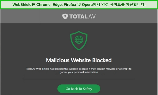 TotalAV의 WebShield가 악성 사이트에 대한 액세스를 차단하는 스크린 샷