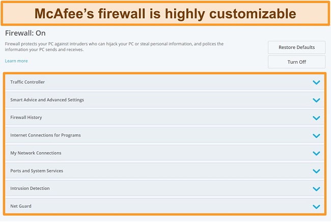 Screenshot of McAfee's Firewall features