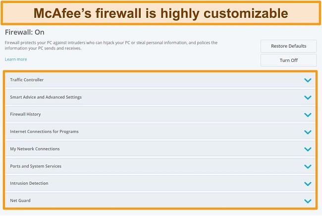 Screenshot of McAfee's Firewall features