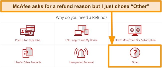 Screenshot of McAfee customer support asking for a reason for a refund request.