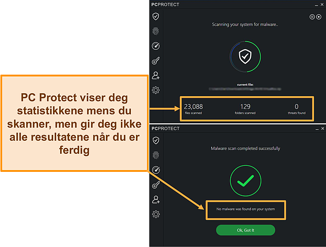 Skjermbilde av PC Protect som utfører en skanning med skadelig programvare som bare viser statistikk ved skanning. Når de er fullført, forsvinner resultatene.