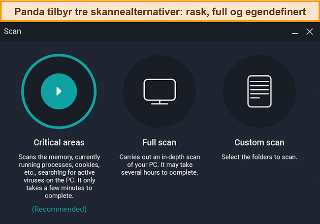 Skjermbilde av Pandas 3 forskjellige skannealternativer.