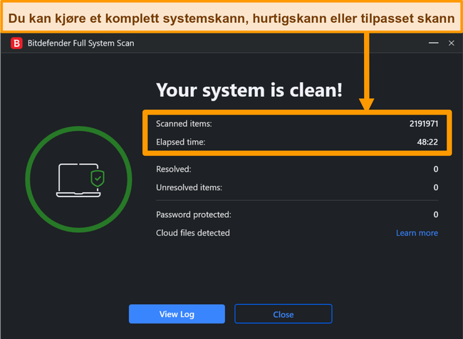 Skjermbilde av fullført Bitdefender systemskanning.