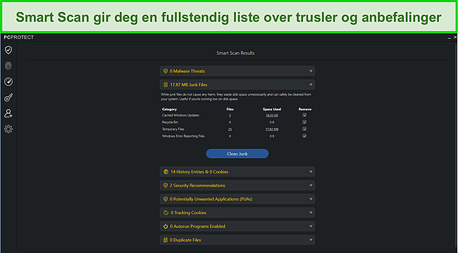 Skjermbilde av PC Protect etter kjøring av Smart Scan, som gir deg en liste over eventuelle trusler eller anbefalinger.