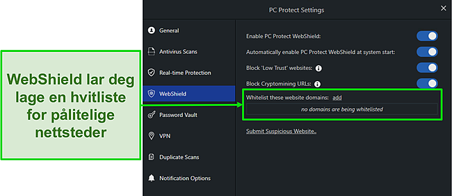 Skjermbilde av PC Protect's WebShield -innstillinger for å beskytte deg online.