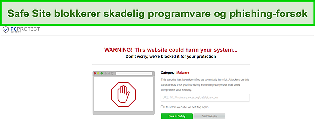 Skjermbilde av PC Protect's Safe Site blokkerte et malware -forsøk.