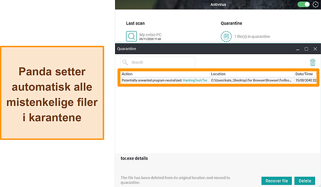 Skjermbilde av Panda's Quarantine -funksjon med en karantene -fil uthevet.