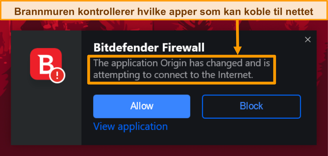 Skjermbilde av et varsel om Bitdefender-brannmur.