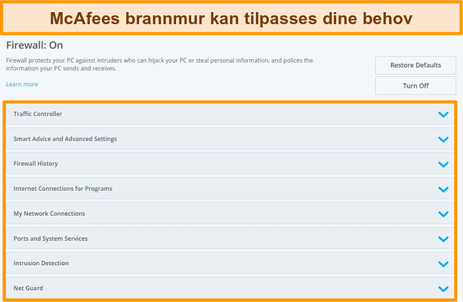 Skjermbilde av McAfee Firewall-funksjoner