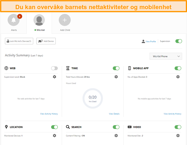 Skjermbilde av Norton 360s foreldrekontrollinnstillinger.