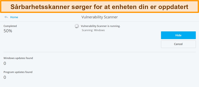 Skjermbilde av McAfee Sårbarhetsskanner som utfører en systemskanning