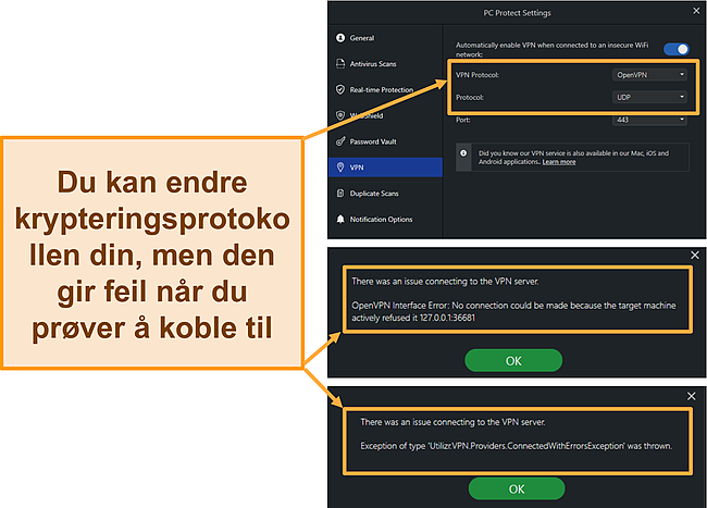 Skjermbilde av PC Protect's Safe Browsing VPN -feil og krypteringsprotokoller.