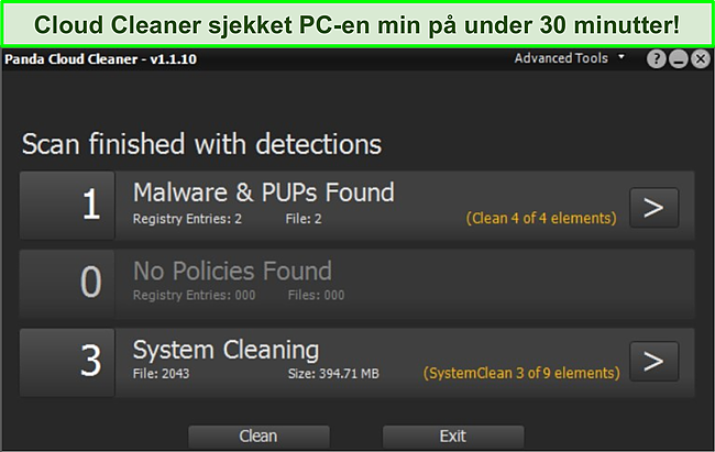 Skjermbilde av Pandas Cloud Cleaner -funksjon med fullført skanning.