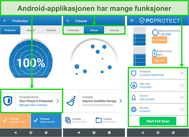 Skjermbilde av PC Protects Android -applikasjon som tilbyr mange funksjoner.