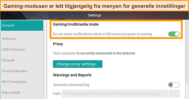 Skjermbilde av Pandas generelle innstillinger som viser spillemodus.