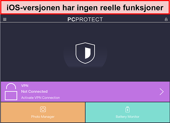 Skjermbilde av PC Protect's iOS -applikasjon som mangler noen virkelige funksjoner.