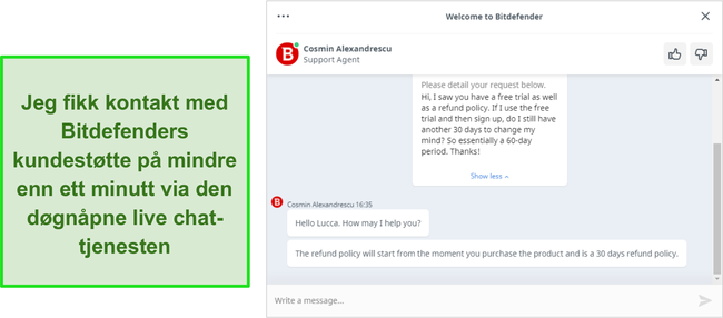 Skjermbilde av en live chat-samtale med en Bitdefender supportagent.