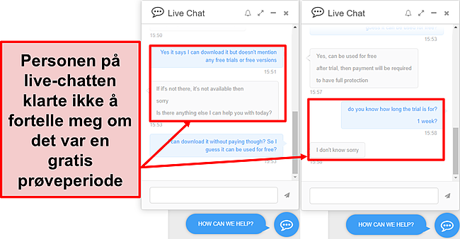 Skjermbilde av PC Protects supportteam som ikke klarte å fortelle meg om det var en gratis prøveversjon på tilbudet, og om det var, hvor lenge det varte.