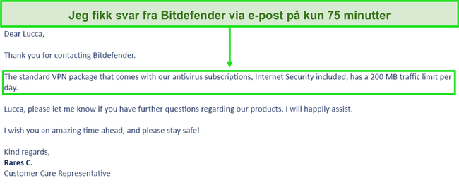 Skjermbilde av en support-e-post fra Bitdefender.