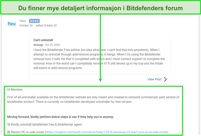 Skjermbilde av en tråd fra Bitdefenders fellesskapsforum.