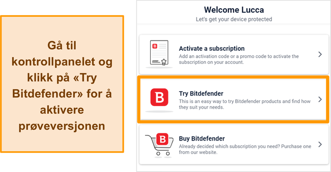 Skjermbilde av hvordan du starter en prøveversjon for Bitdefender fra Bitdefender Central-nettinstrumentet.