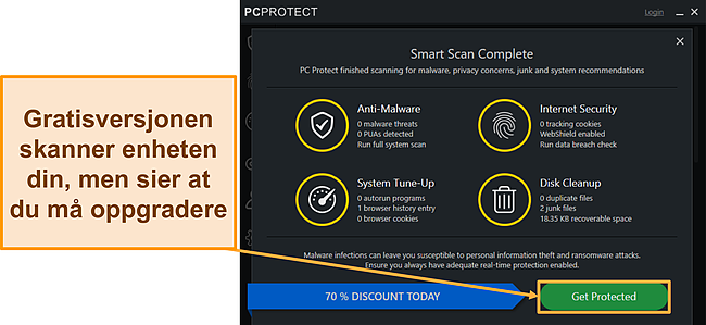 Skjermbilde av PC Protect gratisversjonen som kjører en skanning før du ber deg om å oppgradere.