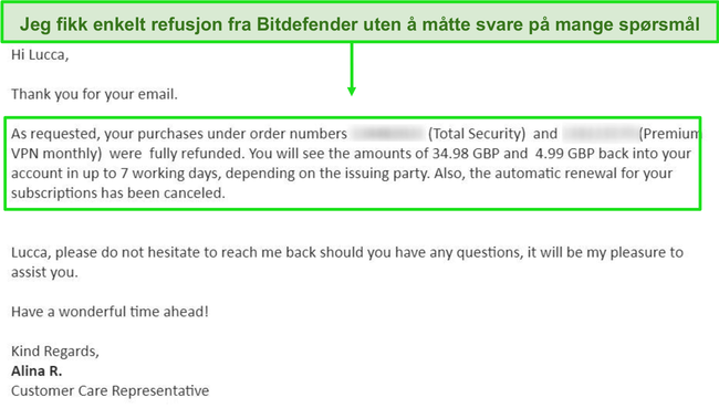 Skjermbilde av en vellykket e-postmelding fra en Bitdefender-supportagent.