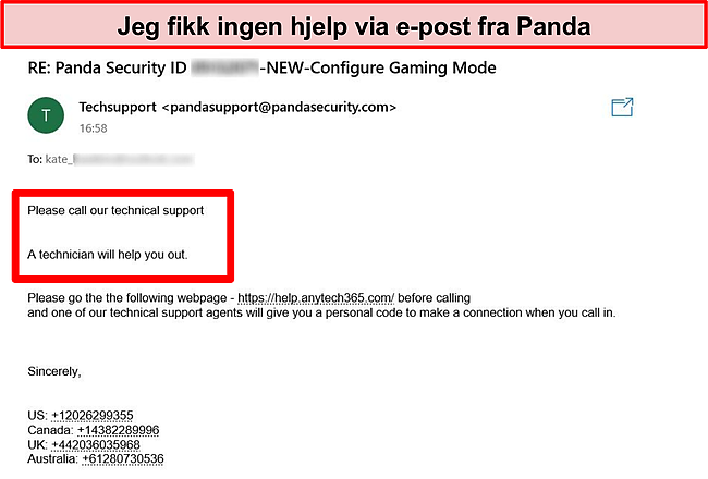Skjermbilde av e -post mottatt fra Pandas tekniske støtte.